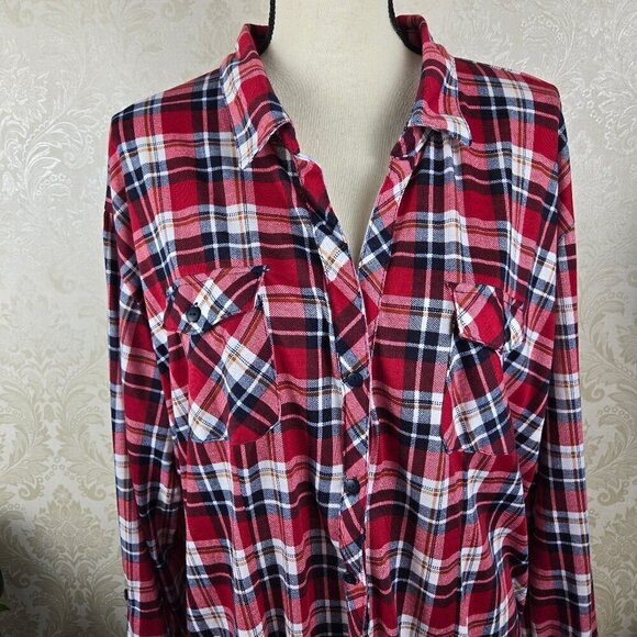 White Mark Size 3XL Button Up Tunic Top Long Sleeve Red White Blue Plaid NWT - Picture 2 of 15